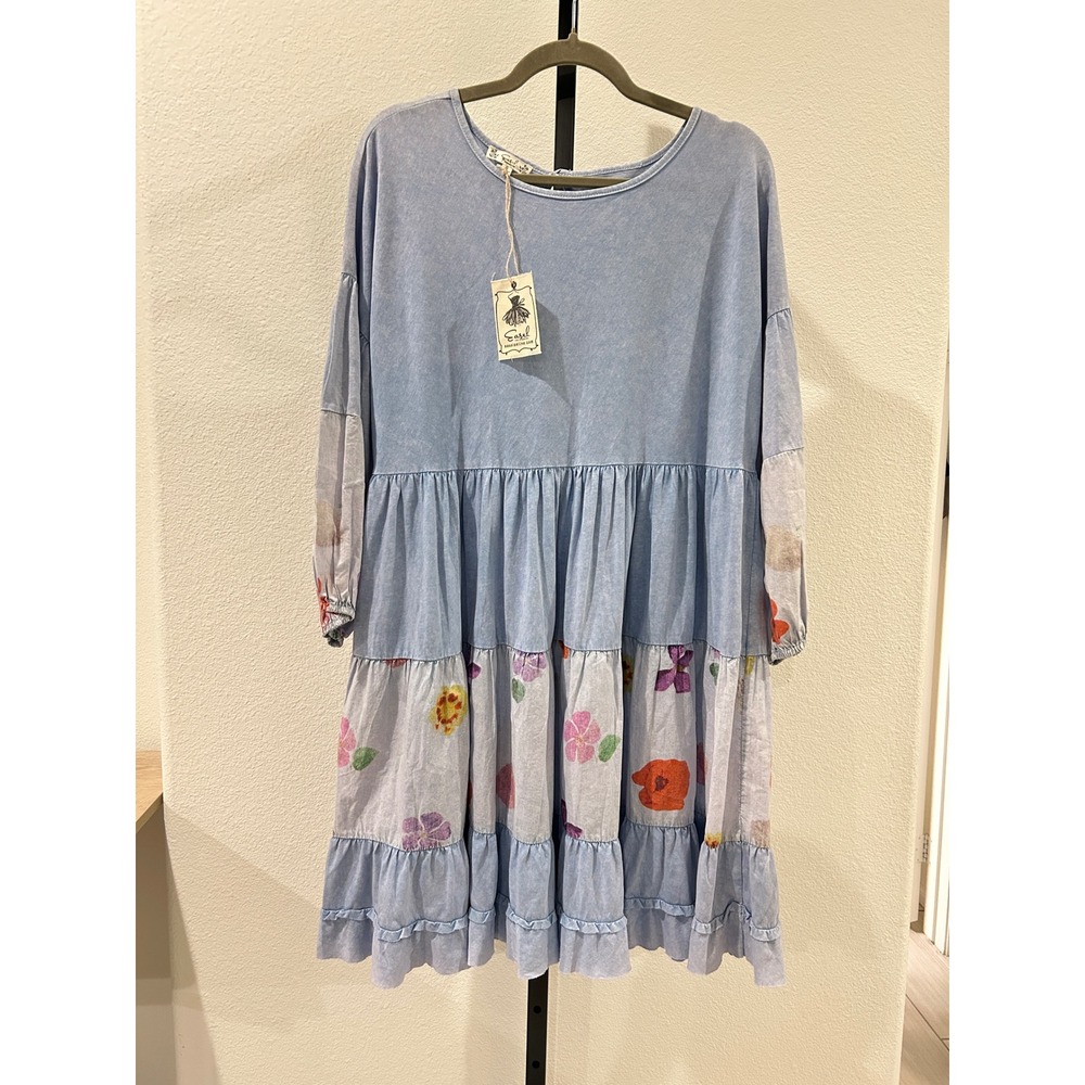 NWT Easel Blue Mineral Wash Floral Tiered Baby doll Mini Dress, Size Small